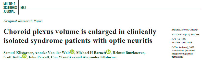 Choroid plexus volume is enlarged in clinically isolated syndrome patients with optic&nbsp;neuritis